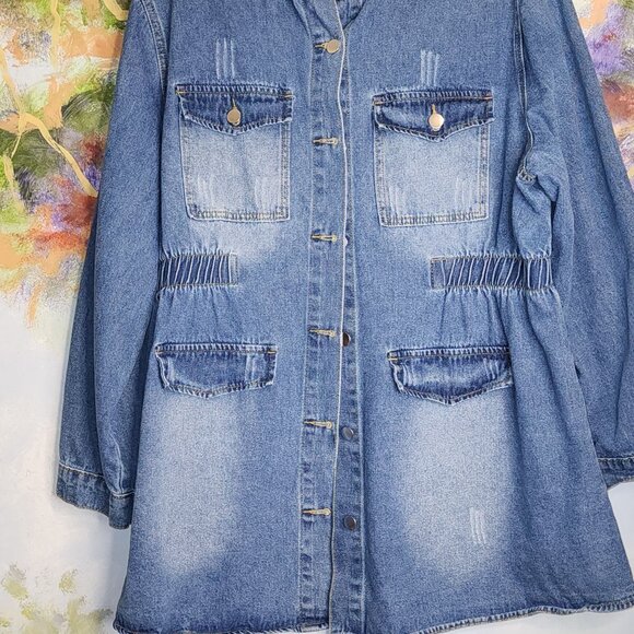Denim Distressed Vintage Inspired Jacket & Shoulder Epaulet Button Front - Picture 3 of 7